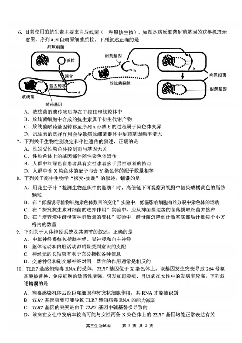 生物试题_2025年1月_250116江苏省无锡市2024年秋季学期高三期终教学质量调研测试（全科）_江苏省无锡市2024年秋季学期上学期高三期终教学质量调研测试生物