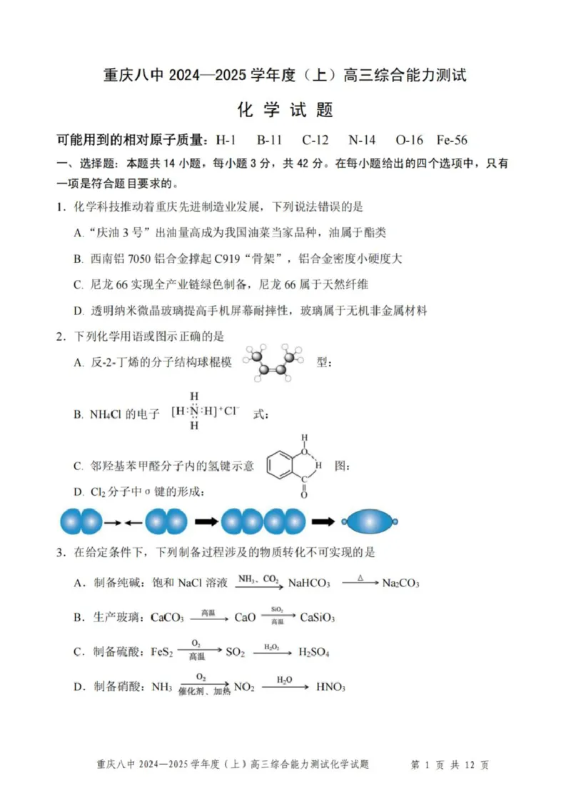 重庆市第八中学2025届高三上学期1月综合能力测试（期末）化学PDF版含答案_2025年1月_250108重庆市第八中学2025届高三上学期1月综合能力测试（期末）（全科）