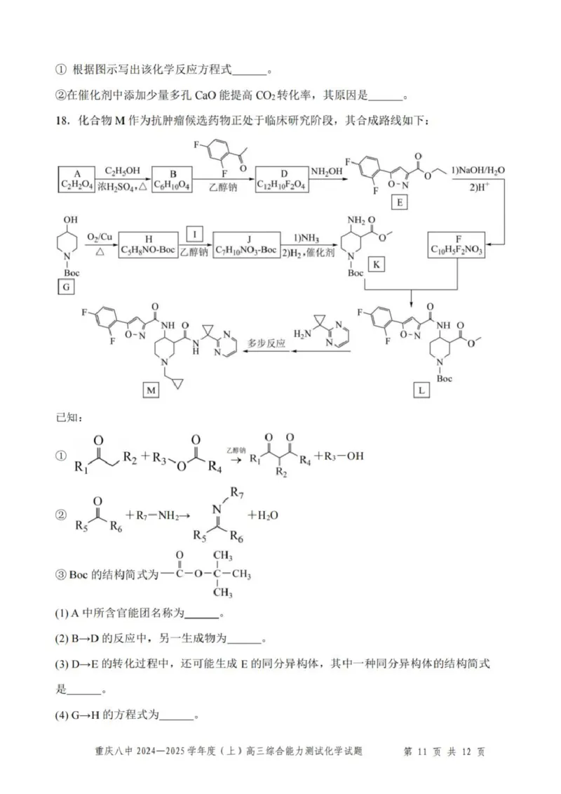 重庆市第八中学2025届高三上学期1月综合能力测试（期末）化学PDF版含答案_2025年1月_250108重庆市第八中学2025届高三上学期1月综合能力测试（期末）（全科）