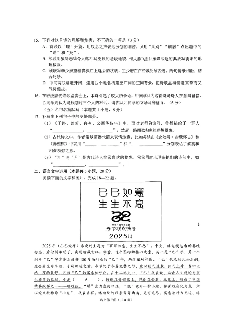 四川省南充市高2025届高考适应性考试（三诊）语文_2025年4月_250409四川省南充市高2025届高考适应性考试（南充三诊）（全科）_四川省南充市高2025届高考适应性考试（三诊）语文