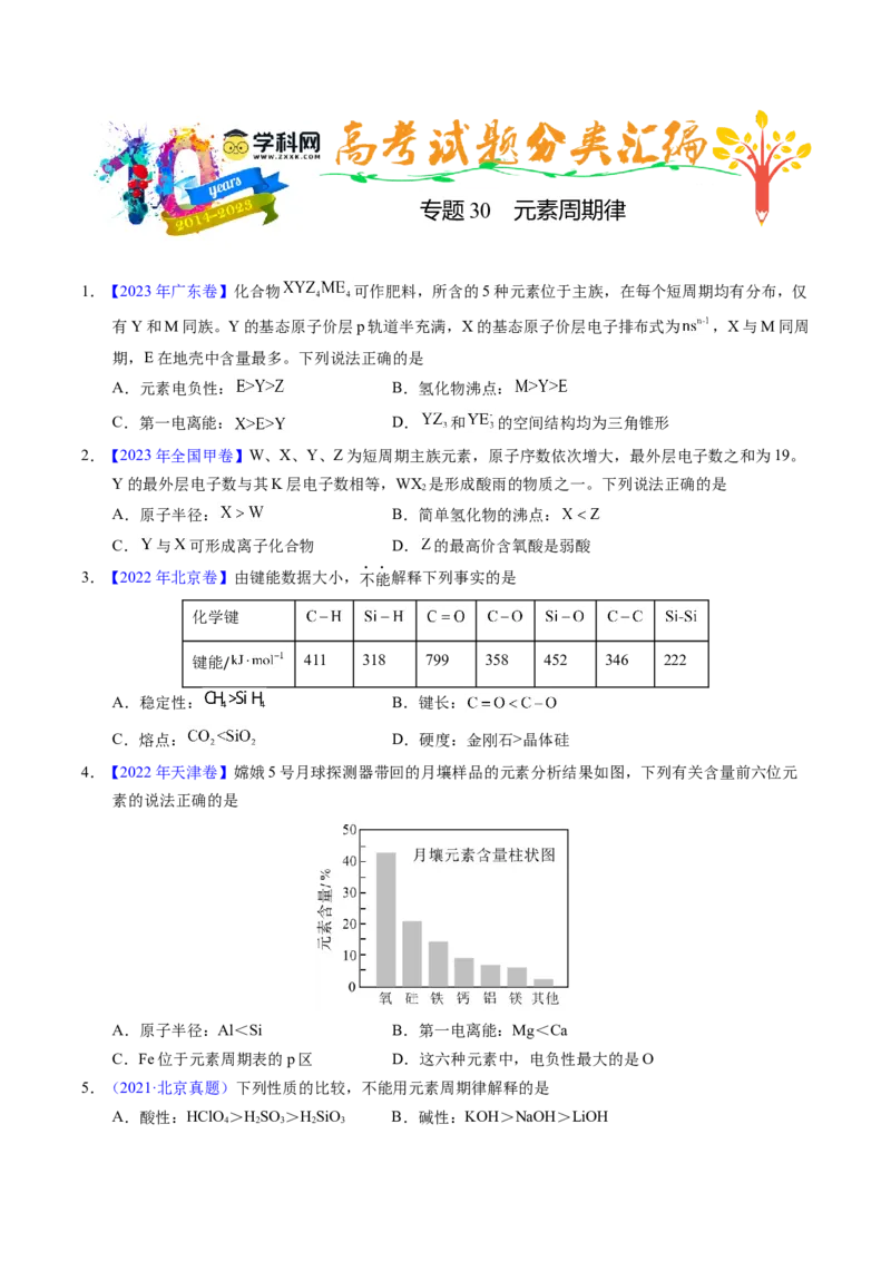 专题30元素周期律（原卷卷）_近10年高考真题汇编（必刷）_十年（2014-2024）高考化学真题分项汇编（全国通用）_十年（2014-2023）高考化学真题分项汇编（全国通用）
