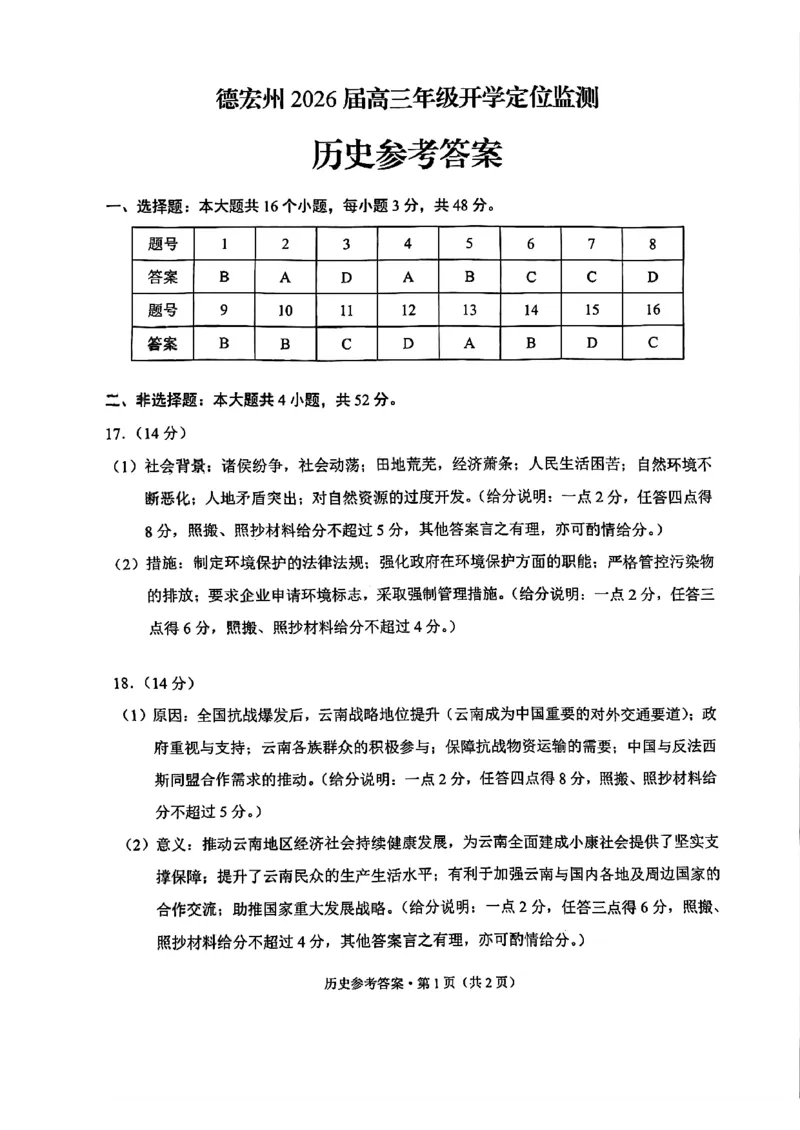 德宏州2026届高三年级开学定位监测历史答案_2025年9月_250923云南省德宏州2026届高三年级开学定位监测（全科）
