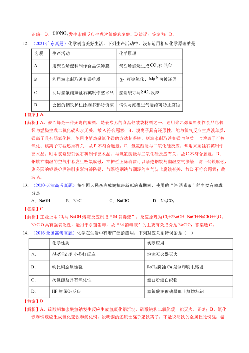 专题24氯及其化合物卤素（解析卷）_近10年高考真题汇编（必刷）_十年（2014-2024）高考化学真题分项汇编（全国通用）_十年（2014-2023）高考化学真题分项汇编（全国通用）