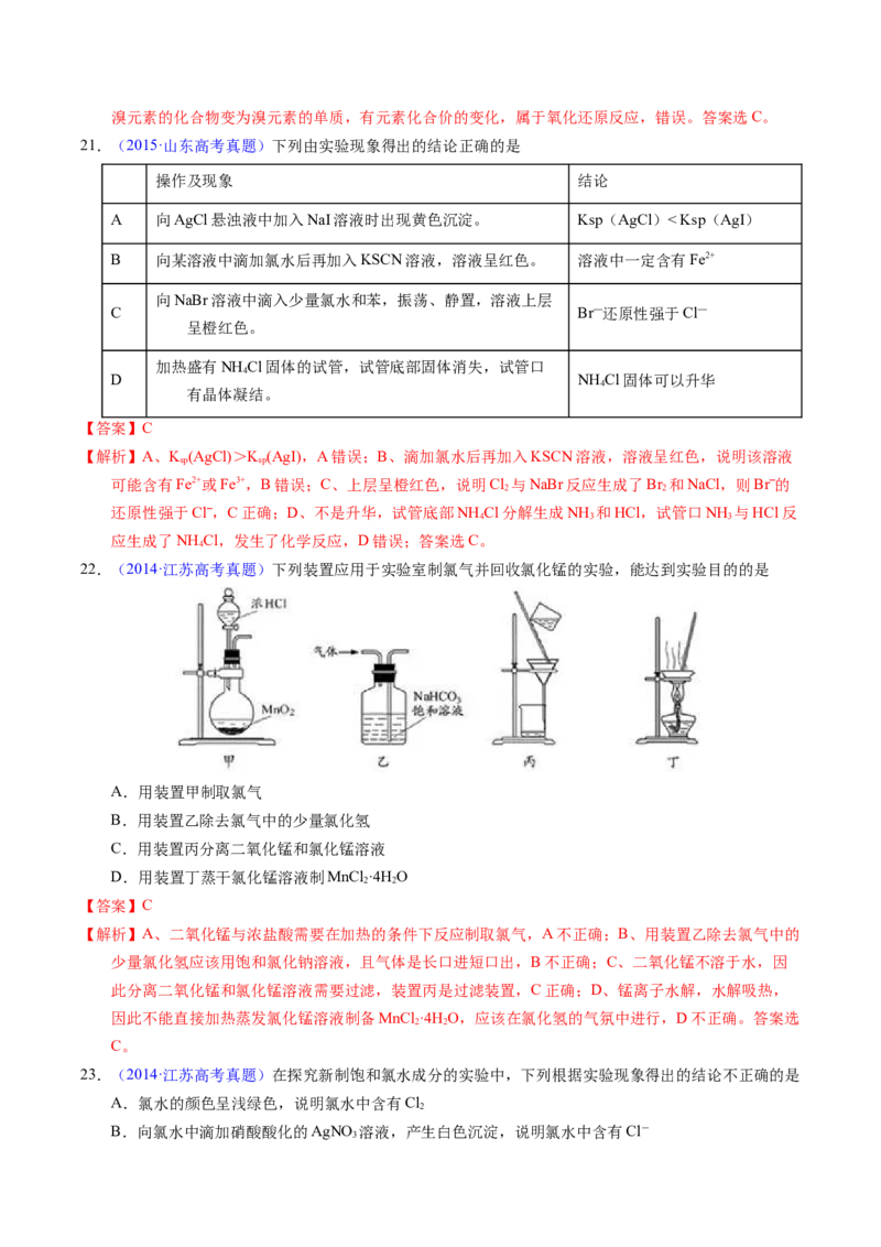 专题24氯及其化合物卤素（解析卷）_近10年高考真题汇编（必刷）_十年（2014-2024）高考化学真题分项汇编（全国通用）_十年（2014-2023）高考化学真题分项汇编（全国通用）