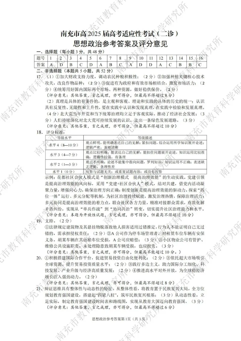 政治答案_2025年2月_2502272025届四川省南充市高三第二次适应性考试（全科）_2025届四川省南充市高三第二次适应性考试政治