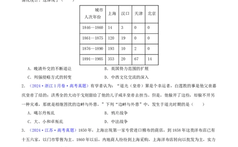 专题05工业文明冲击下中国的转型（1840-1894）（学生卷）-2024年高考真题和模拟题历史分类汇编（全国通用）_近10年高考真题汇编（必刷）