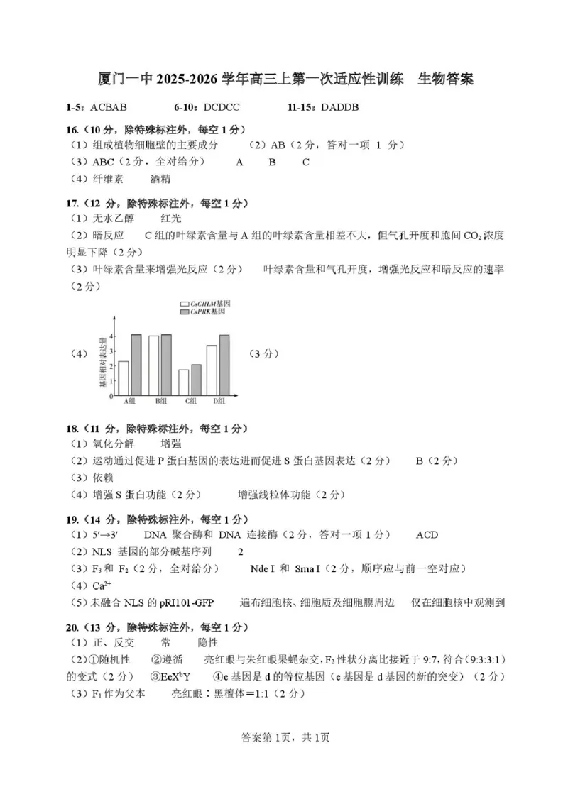 福建省厦门第一中学2025-2026学年高三上学期10月月考生物试题（含答案）_2025年10月_251017福建省厦门第一中学2025-2026学年高三上学期10月月考（全科）