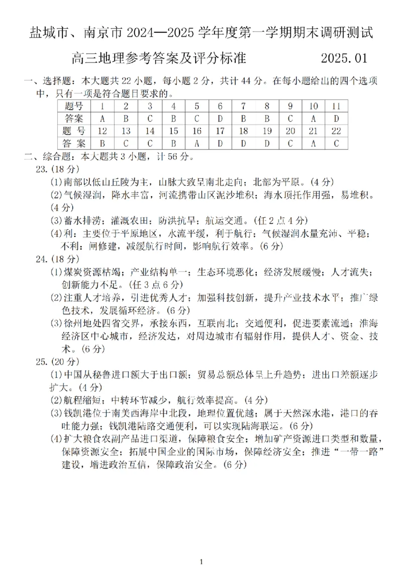 地理答案_2025年1月_250107江苏省南京市、盐城市2025届高三上学期第一次模拟考试（全科）_江苏省南京市、盐城市2025届高三上学期第一次模拟考试地理