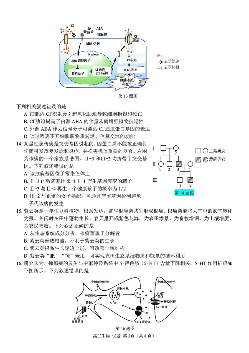 生物试题｜26届七彩阳光高三返校考_2025年8月_250830浙江省七彩阳光新高考研究联盟2026届高三上学期返校联考（全科）