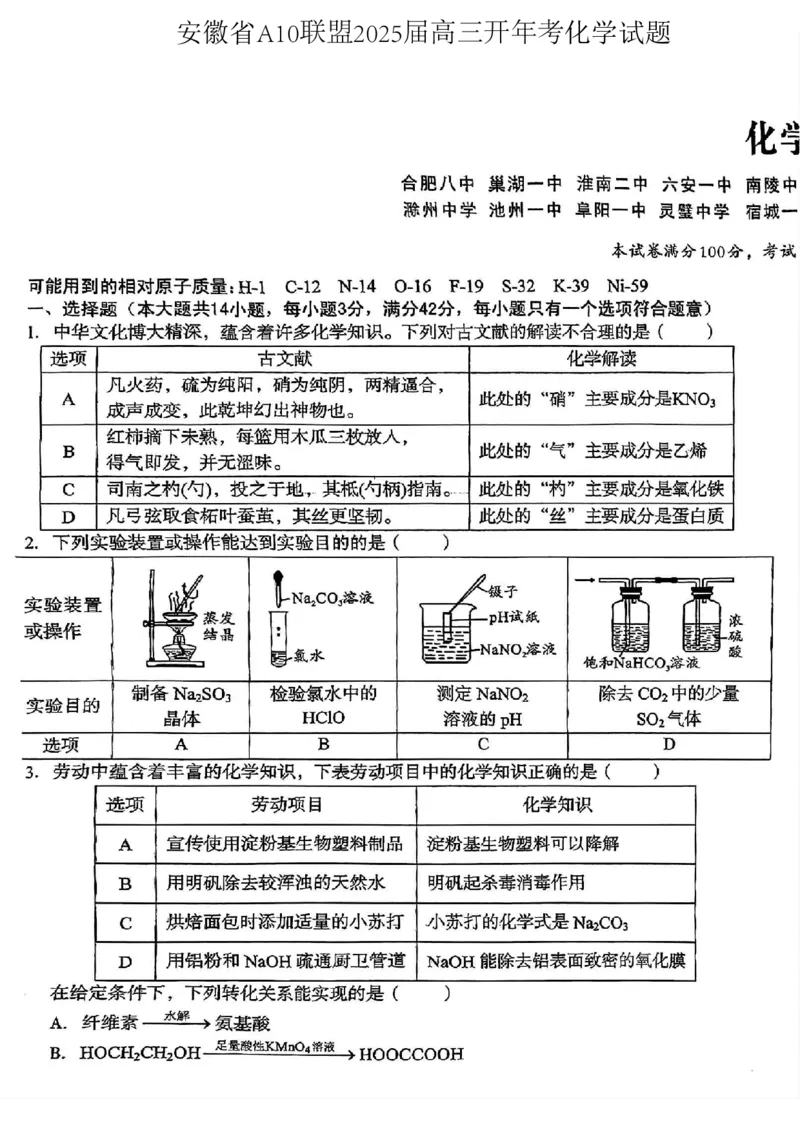 安徽省A10联盟2025届高三开年考化学试题_2025年2月_250208安徽省A10联盟2025届高三下学期开年考_安徽省A10联盟2025届高三下学期开年考化学