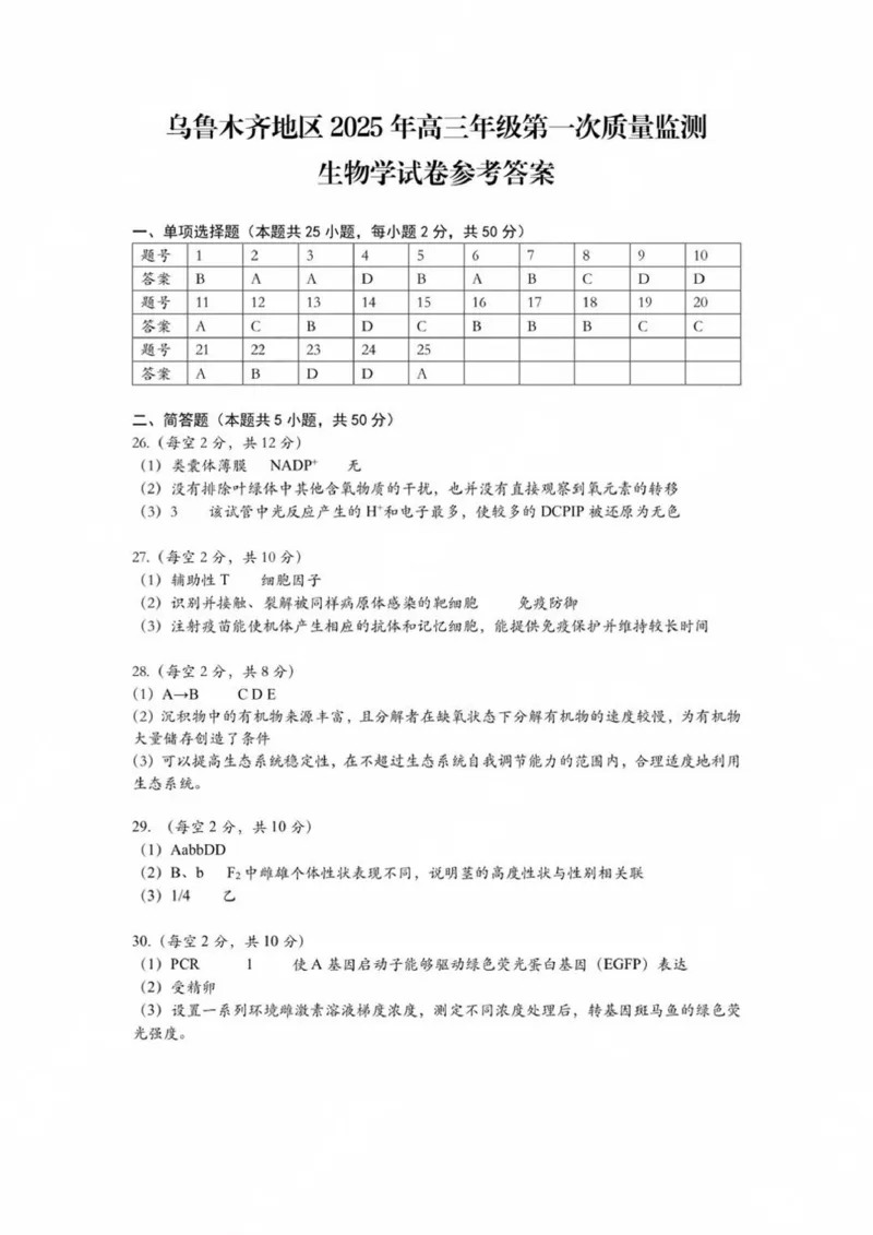 新疆乌鲁木齐地区2025年高三年级第一次质量监测生物答案_2025年1月_250123新疆乌鲁木齐地区2025年高三年级第一次质量监测