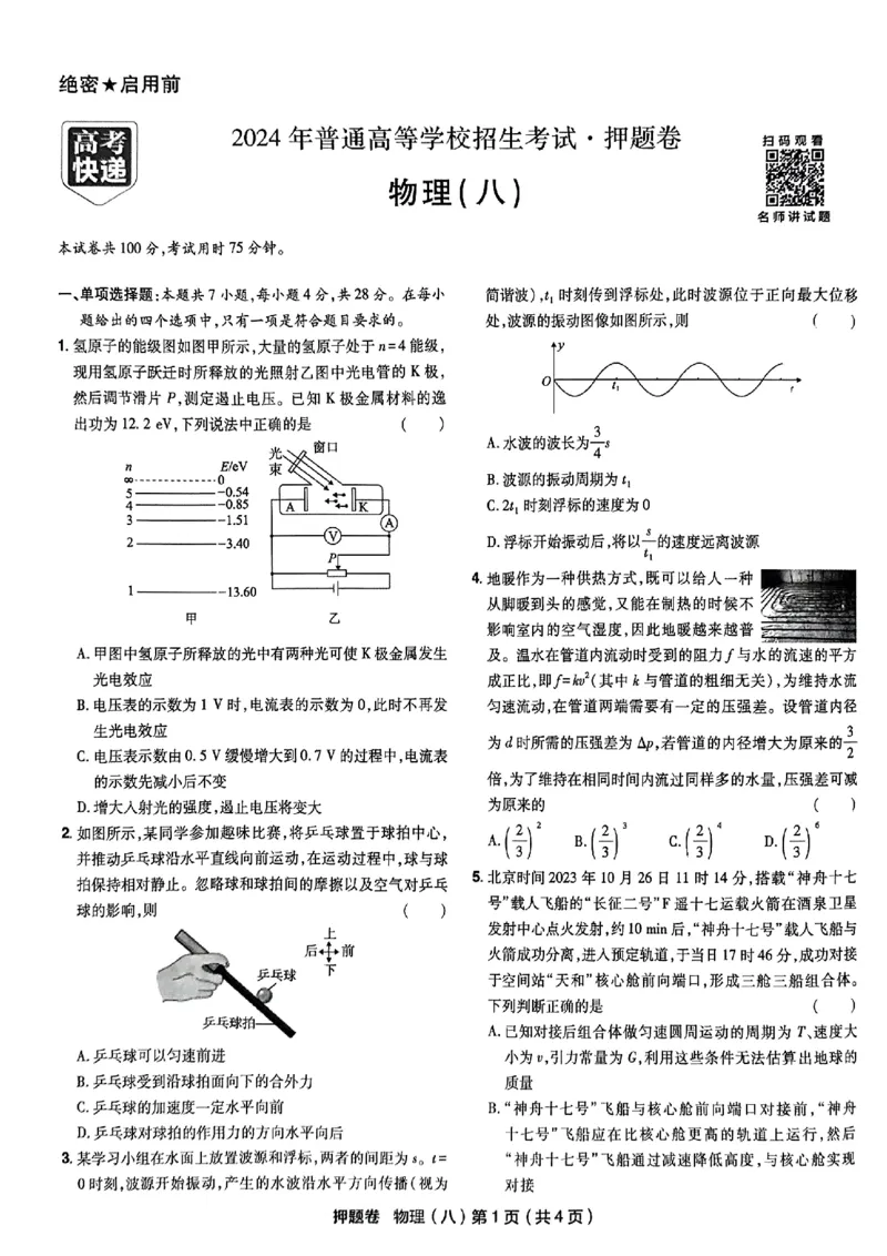 万向思维物理物理试卷合集_2024高考押题卷_112024高考快递全系列_（新高考）《万向思维&middot;高考快递高考押题卷》8套_万向思维&middot;高考快递高考押题卷8套物理