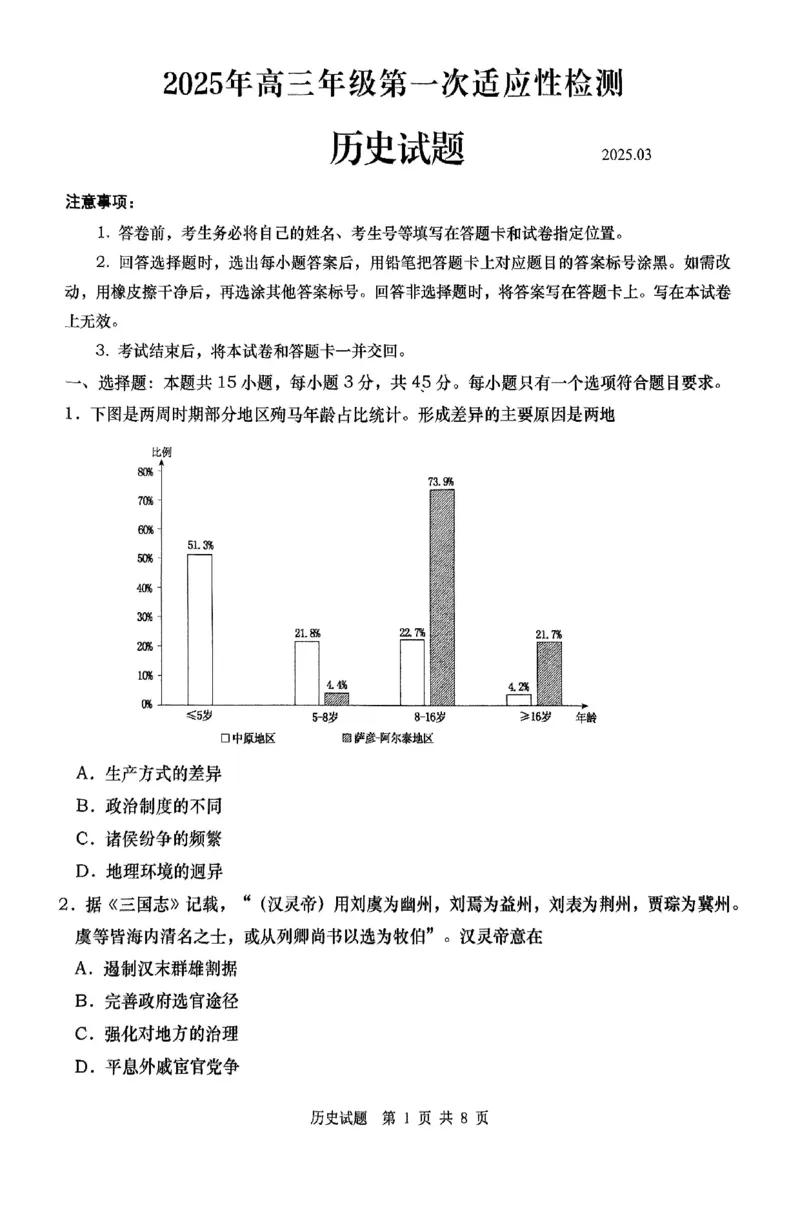 历史试题_2025年3月_250312山东省青岛市2025年高三年级第一次适应性检测（青岛一模）（全科）_山东省青岛市2025年高三年级第一次适应性检测历史
