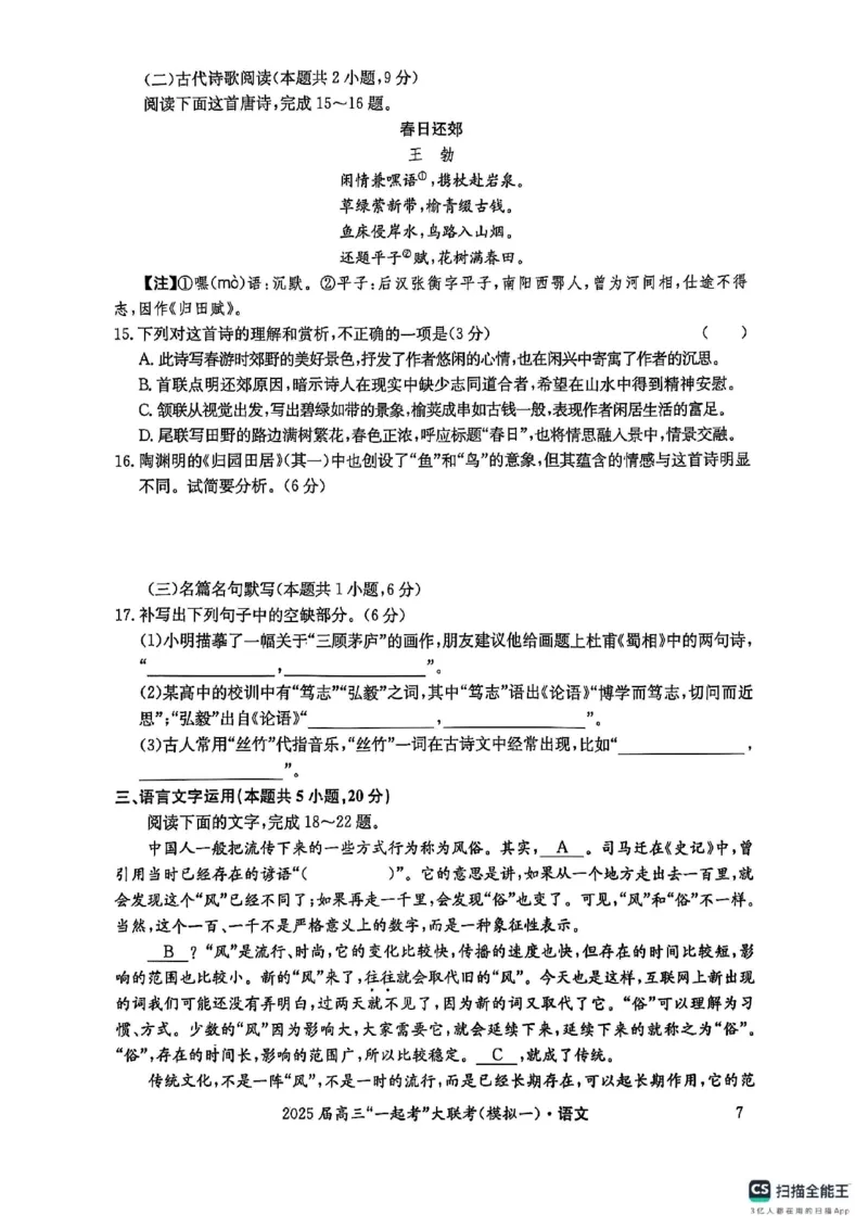 语文_2025年3月_2503182025届湖南省高三下学期&ldquo;一起考&rdquo;大联考（一模）_2025届湖南省高三下学期&ldquo;一起考&rdquo;大联考（一模）语文
