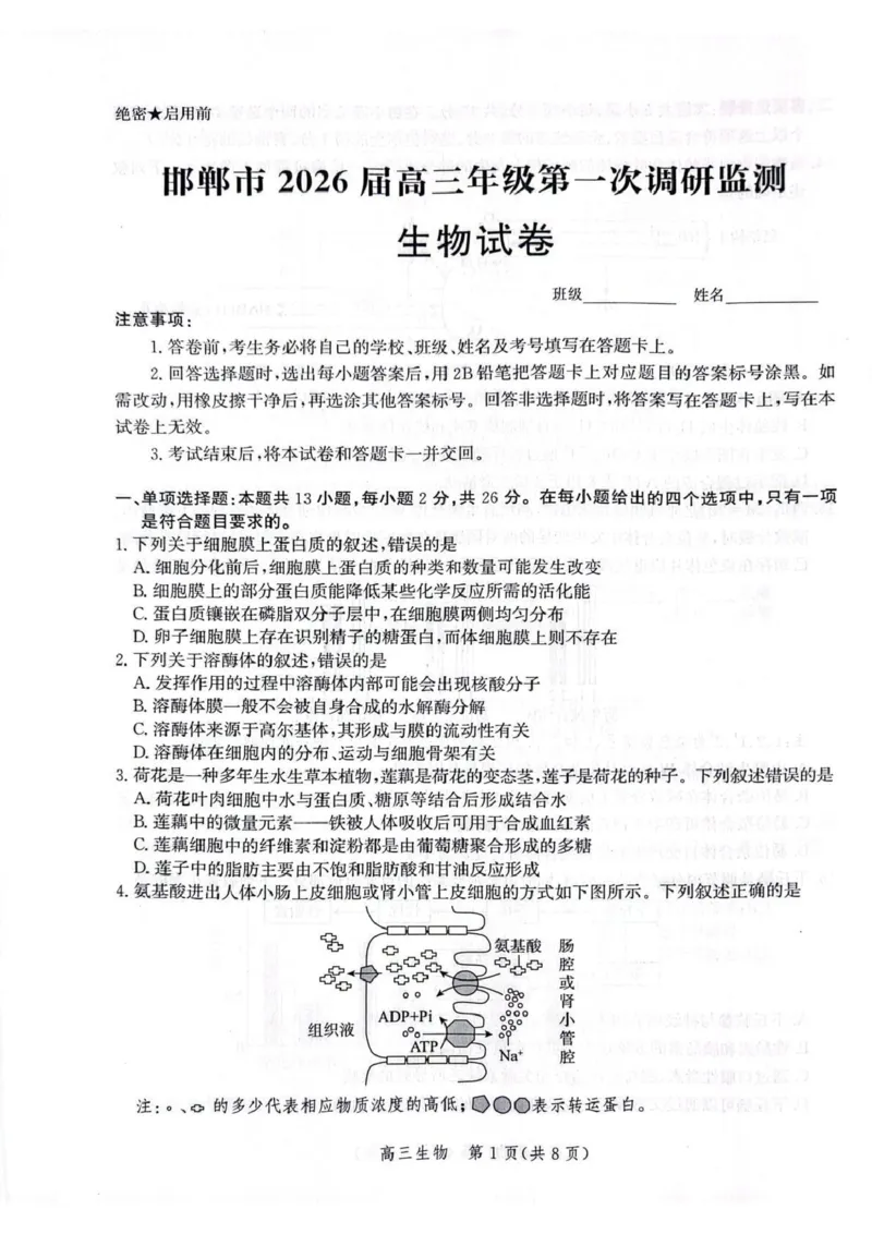 河北省邯郸市2025-2026学年高三上学期第一次调研监测生物试卷_2025年9月_250918河北省邯郸市2025-2026学年高三上学期第一次调研监测（全科）