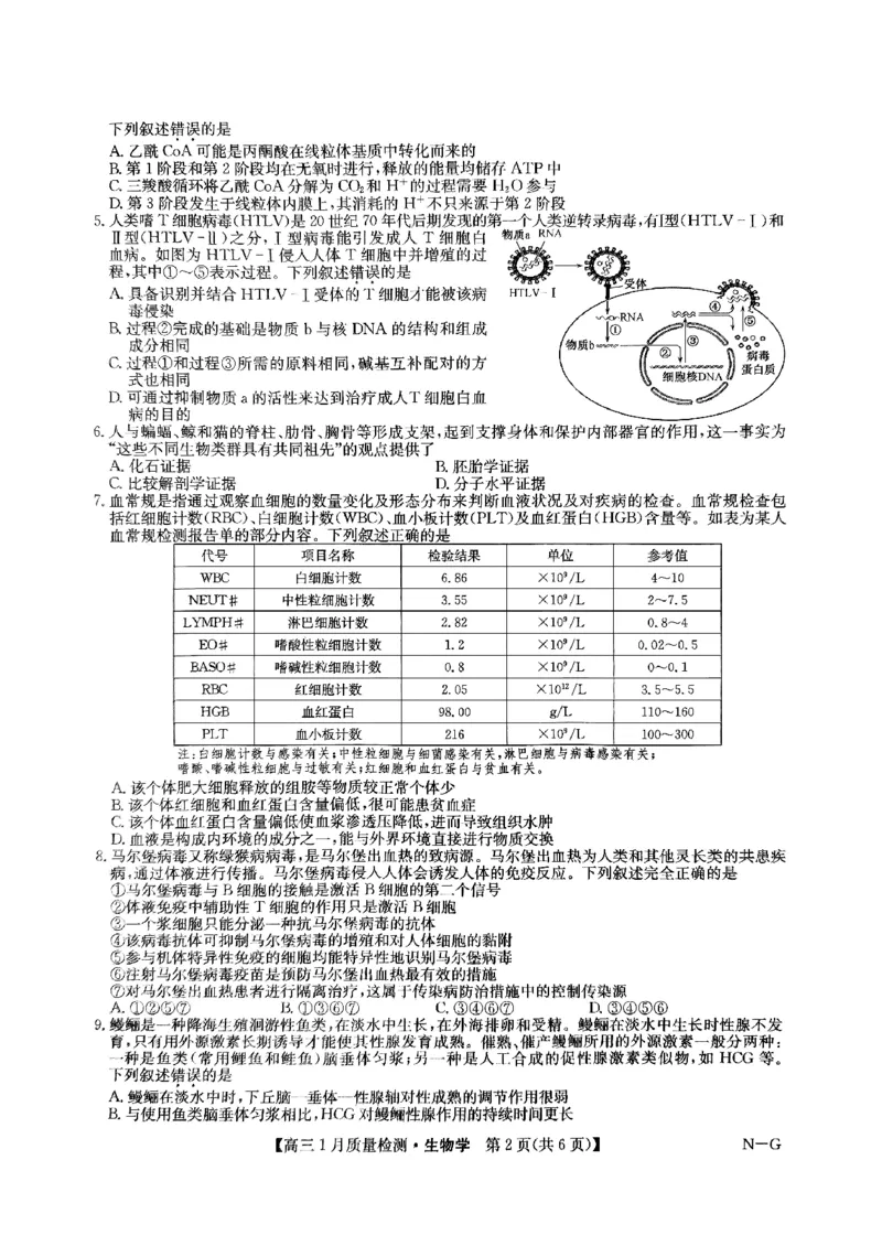 江西省名校2024&mdash;2025学年高三上学期期末联考生物试题_2025年1月_250123九师联盟2025届高三1月质量检测G（1.22-23）（全科）_2025届九师联盟高三上学期1月期末生物试题+答案（H-G）