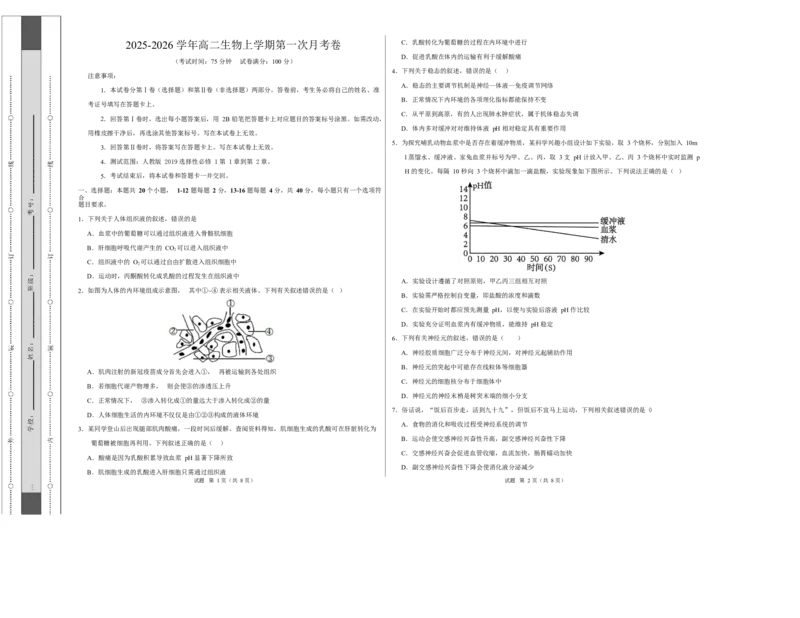 高二生物上学期第一次月考测试范围：人教版2019选择性必修1第1章~第2章（广东专用）（考试版A3）_1多考区联考试卷_2510142025-2026学年高二生物上学期第一次月考试题