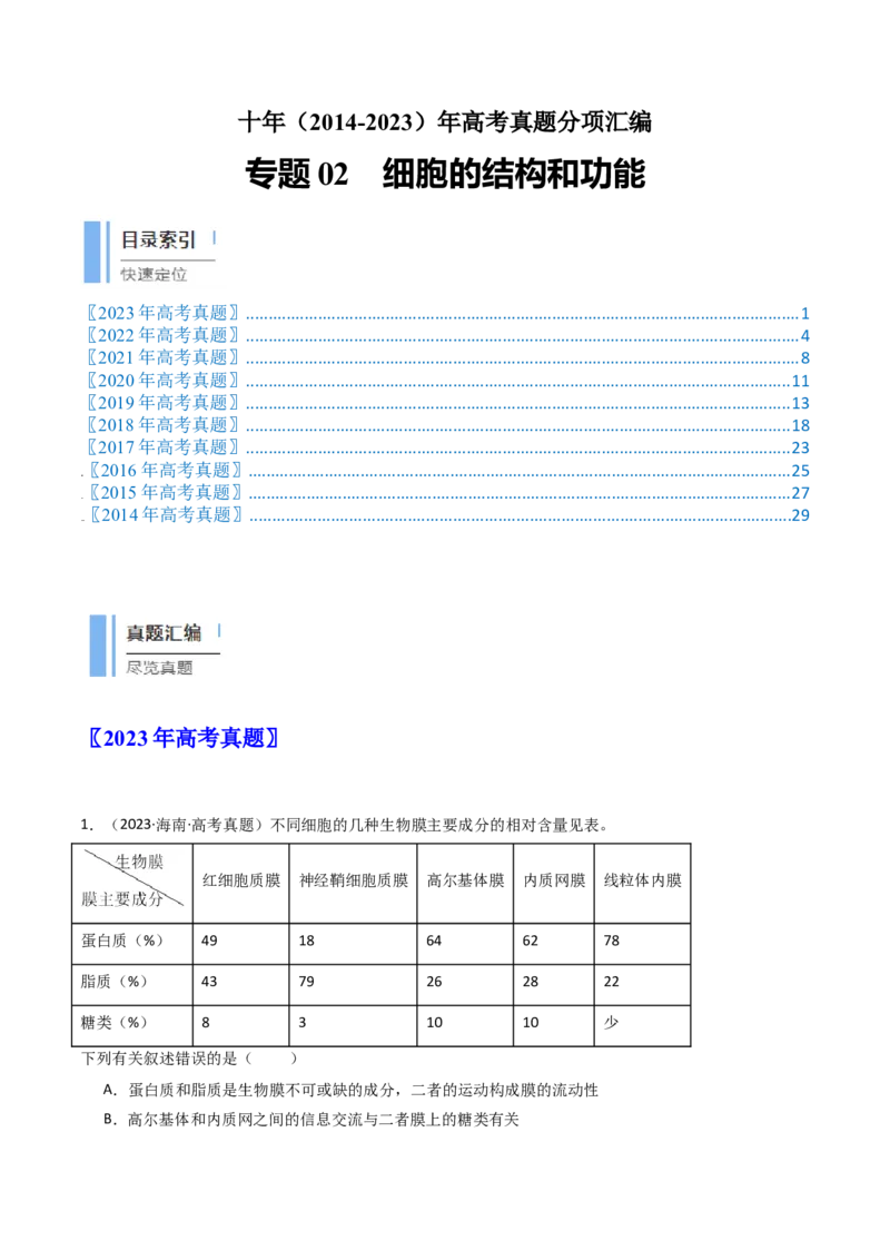 专题02细胞的结构和功能（解析卷）_近10年高考真题汇编（必刷）_十年（2014-2024）高考生物真题分项汇编（全国通用）_十年（2014-2023）高考生物真题分项汇编（全国通用）