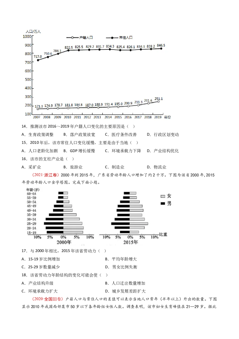 专题09人口-十年（2014-2023）高考地理真题分项汇编（学生卷）_近10年高考真题汇编（必刷）_十年（2014-2024）高考地理真题分项汇编（全国通用）