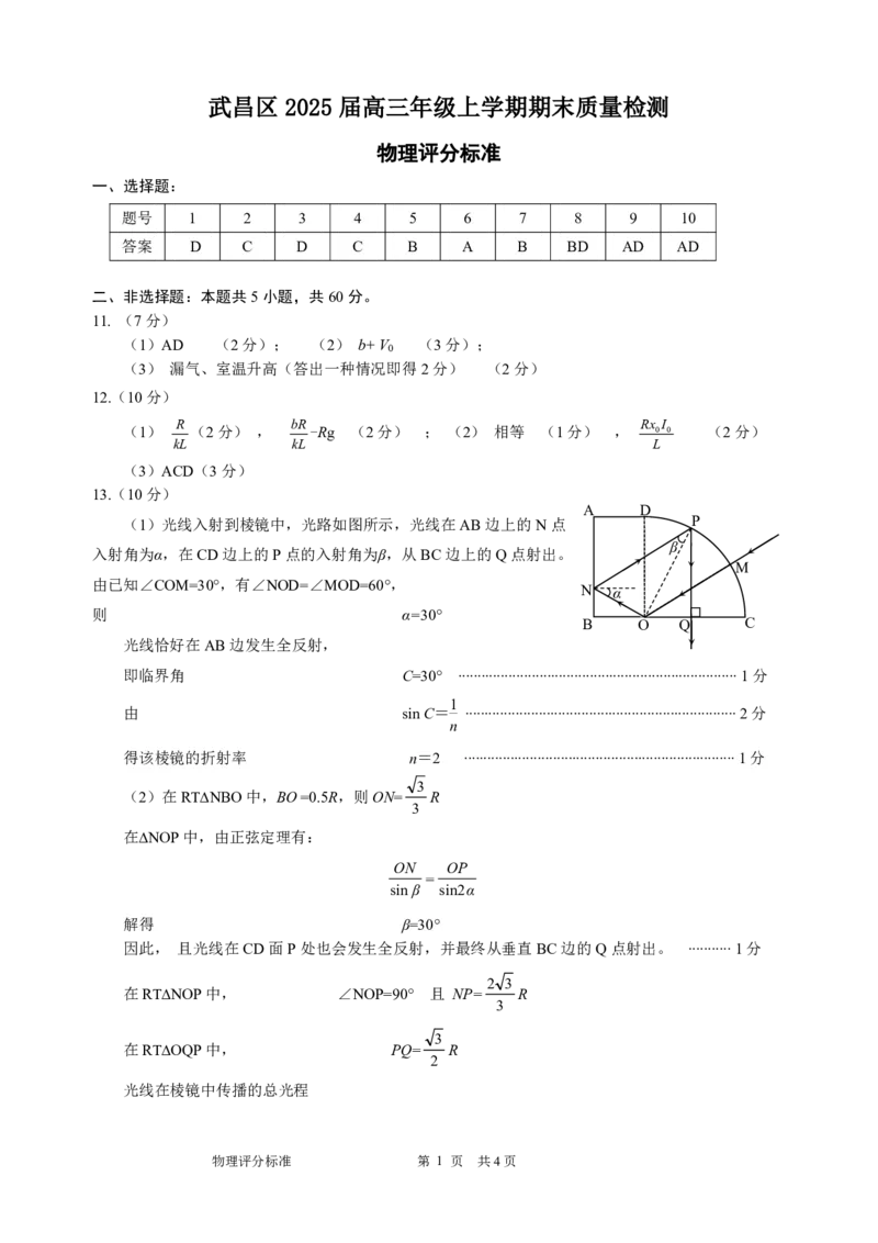 武昌区2025届高三年级上学期期末质量检测物理答案_2025年1月_250118湖北省武汉市武昌区2025届高三年级上学期期末质量检测（全科）_武昌区2025届高三年级上学期期末质量检测物理