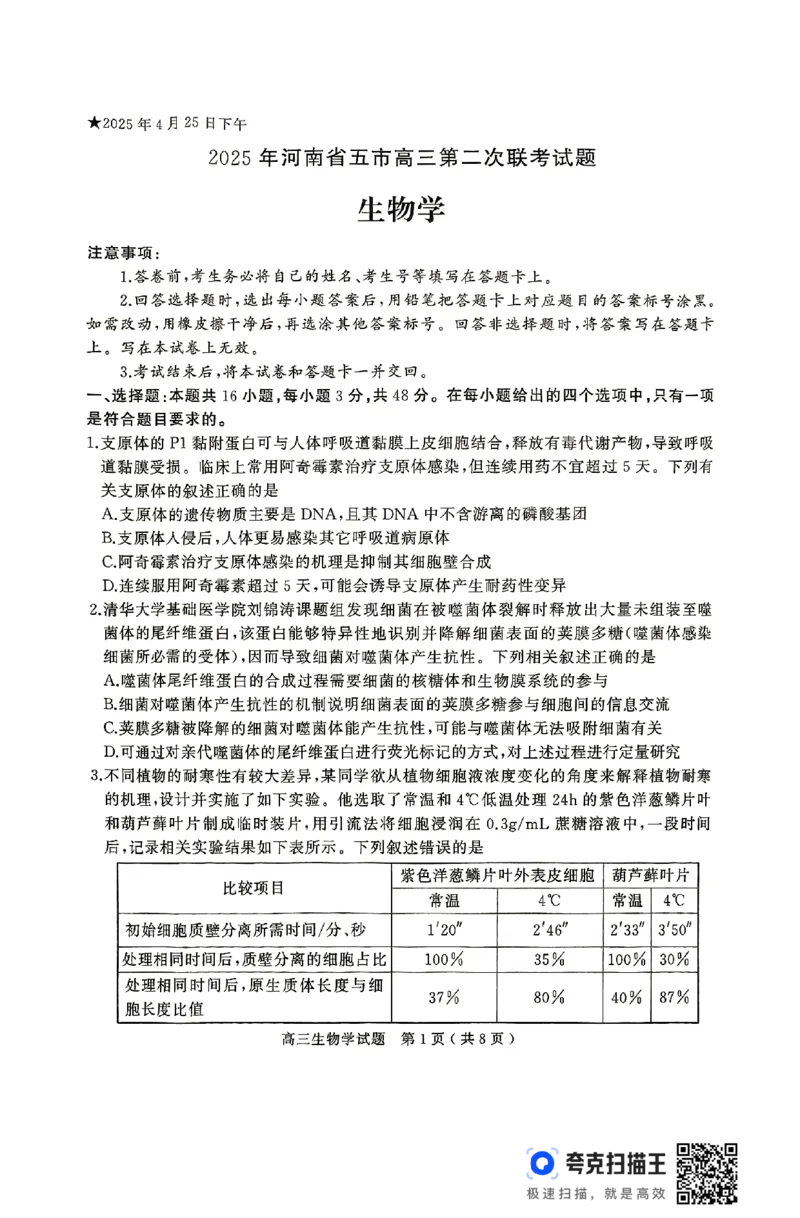 生物试卷_2025年4月_2504272025年河南省五市高三第二次联考（许昌、平顶山、南阳、新乡、洛阳）（全科）_2025届河南省五市高三下学期第二次联考生物