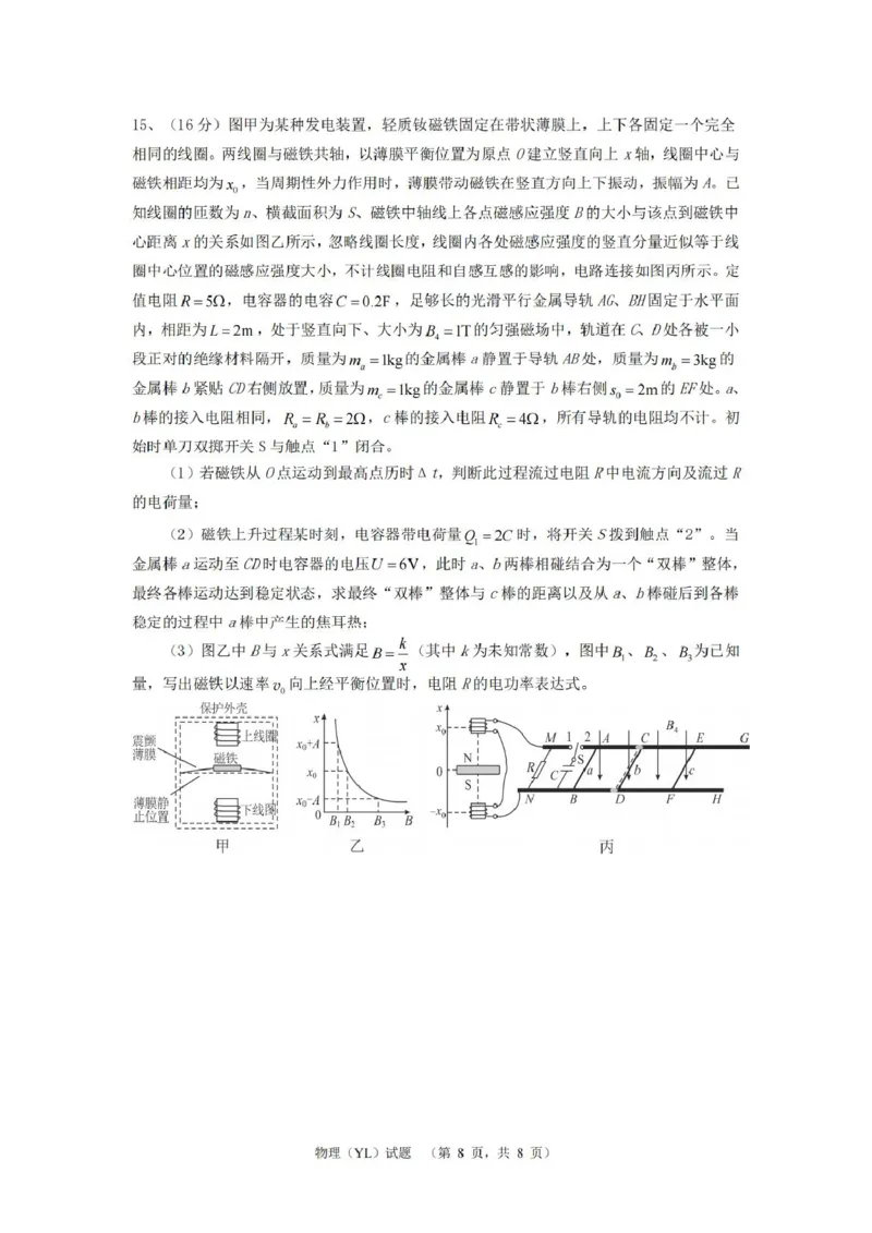湖南省长沙市雅礼中学2024-2025学年高三上学期1月综合自主测试（期末）物理试题_2025年1月_250107湖南省长沙市雅礼中学2024-2025学年高三上学期1月综合自主测试（期末）