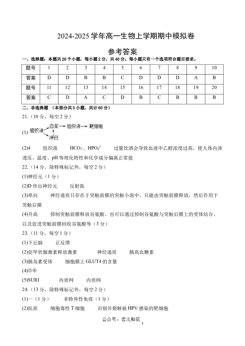 高二生物期中模拟卷01（参考答案）（新高考专用）(1)_1多考区联考_1014高二期中模拟卷（新高考通用）黄金卷：2024-2025学年高二上学期期中模拟考试