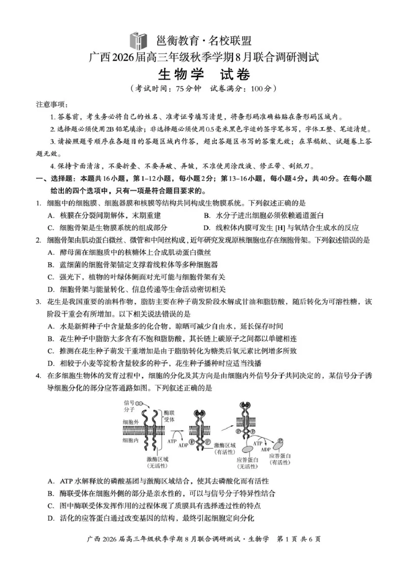 广西2026届新高考秋季学期8月适应性联合测试生物_2025年8月_250821邕衡教育&middot;名校联盟广西2026届新高考秋季学期8月适应性联合测试（全科）