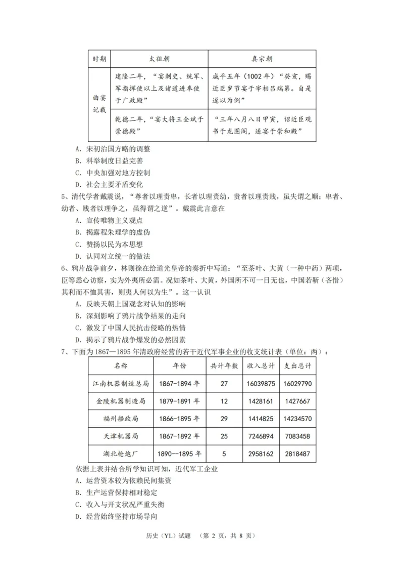 历史（YL）_2025年1月_250107湖南省长沙市雅礼中学2024-2025学年高三上学期1月综合自主测试（期末）_湖南省长沙市雅礼中学2024-2025学年高三上学期1月综合自主测试历史