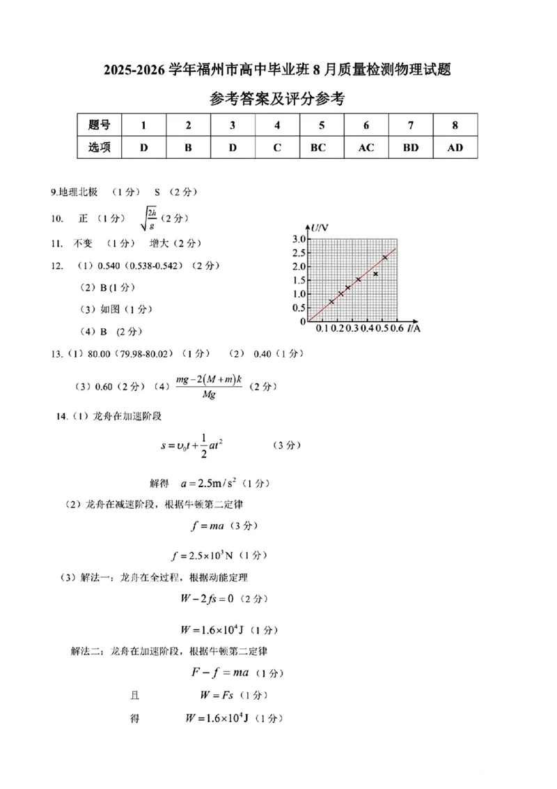 物理答案2025-2026学年福州市高三年级第一次质量检测_2025年8月_250830福建省2025-2026学年福州市高三年级第一次质量检测（福州一检）（全科）