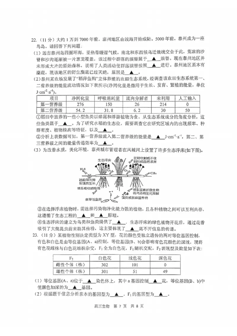 生物试题_2025年2月_250222江苏省泰州市2024-2025学年高三下学期开学调研测试（全科）