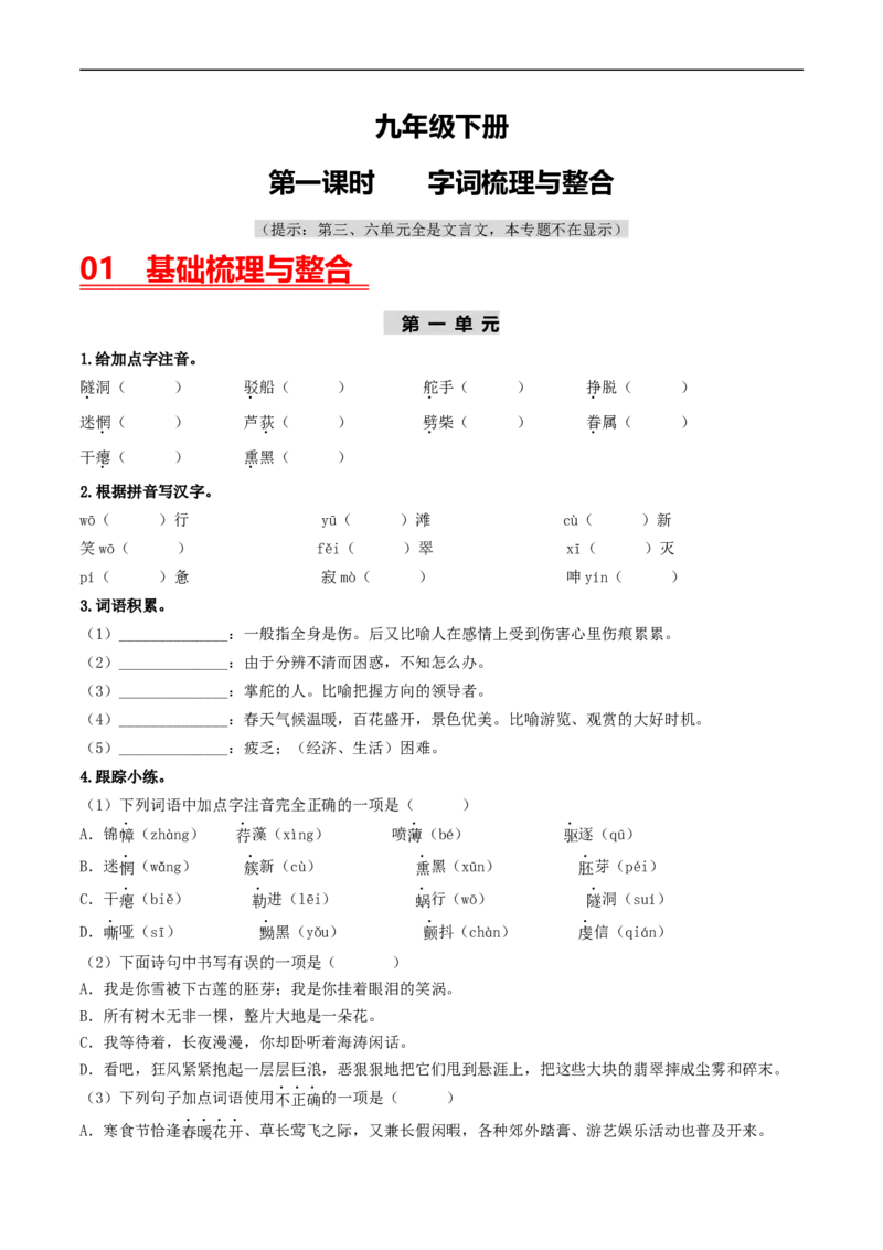 （9下）第1课时字词梳理与整合（统编版）_120中考语文全套复习_中考语文复习总复习_一轮复习资料_完2024年中考语文一轮复习教材梳理（统编版）