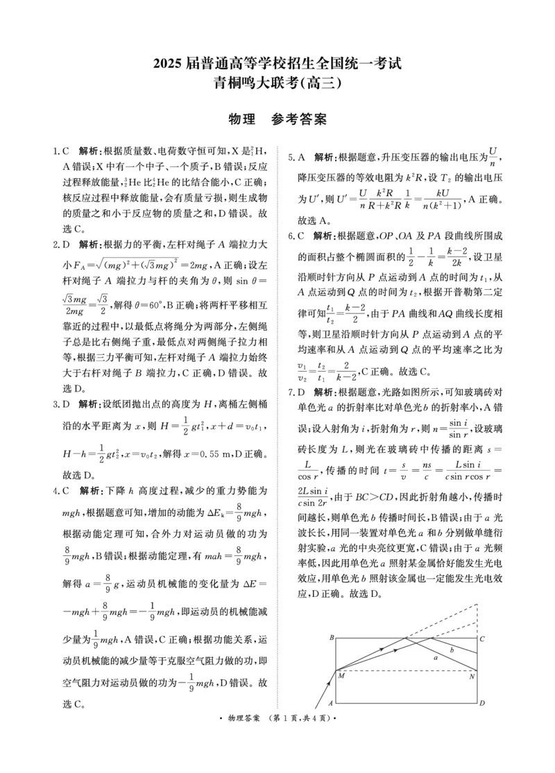 河南省青桐鸣大联考2024-2025学年高三下学期3月月考物理答案_2025年3月_250313河南省青桐鸣大联考2024-2025学年高三下学期3月月考_河南省2025届高三青桐鸣3月大联考物理