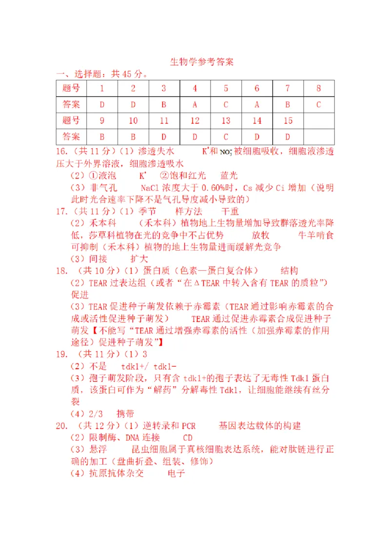 答案_2025年3月_250318重庆市第一中学校2024-2025学年高三下学期3月月考_重庆市第一中学校2024-2025学年高三下学期3月适应性月考生物学试题（含答案）