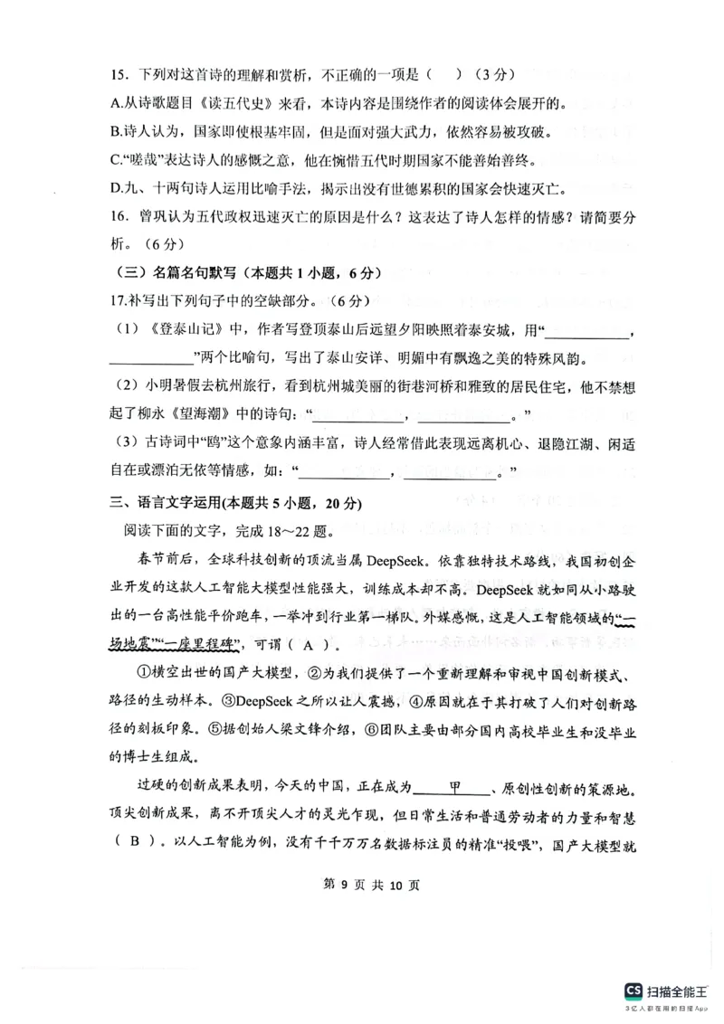 语文试卷（2025届五诊）_2025年3月_250306山东省实验中学2025届高三第五次诊断考试（3月一模）（全科）_山东省实验中学2025届高三第五次诊断考试（3月一模）语文