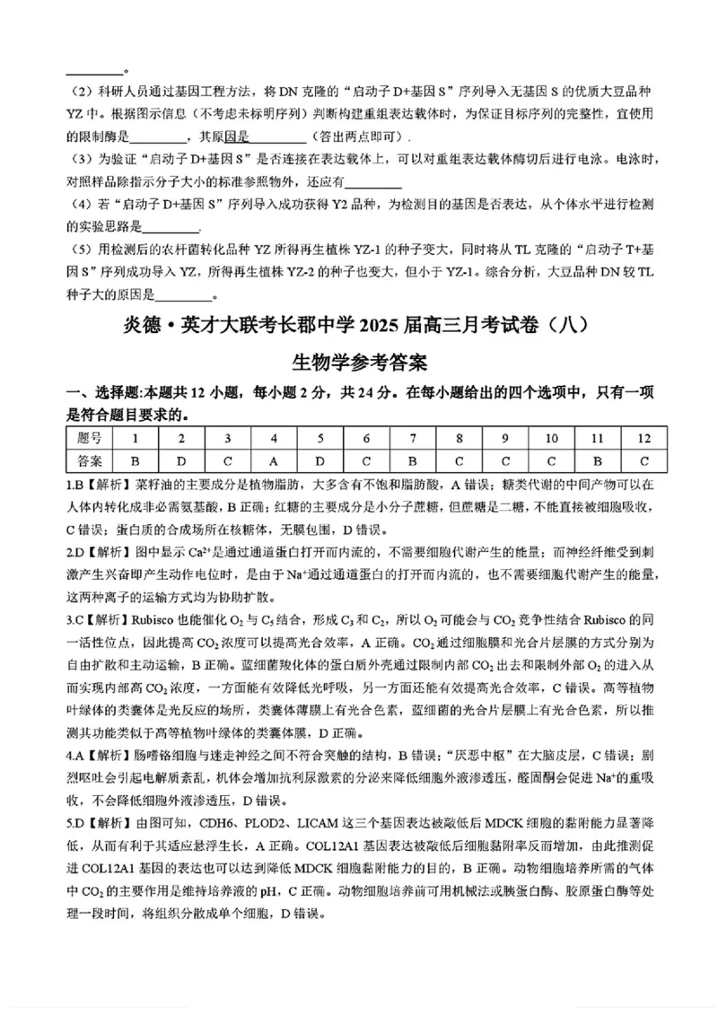 湖南省长沙市长郡中学2025届高三下学期4月月考（八）生物试题+答案_2025年4月_250416湖南省长沙市长郡中学2024-2025学年高三下学期月考（八）（全科）