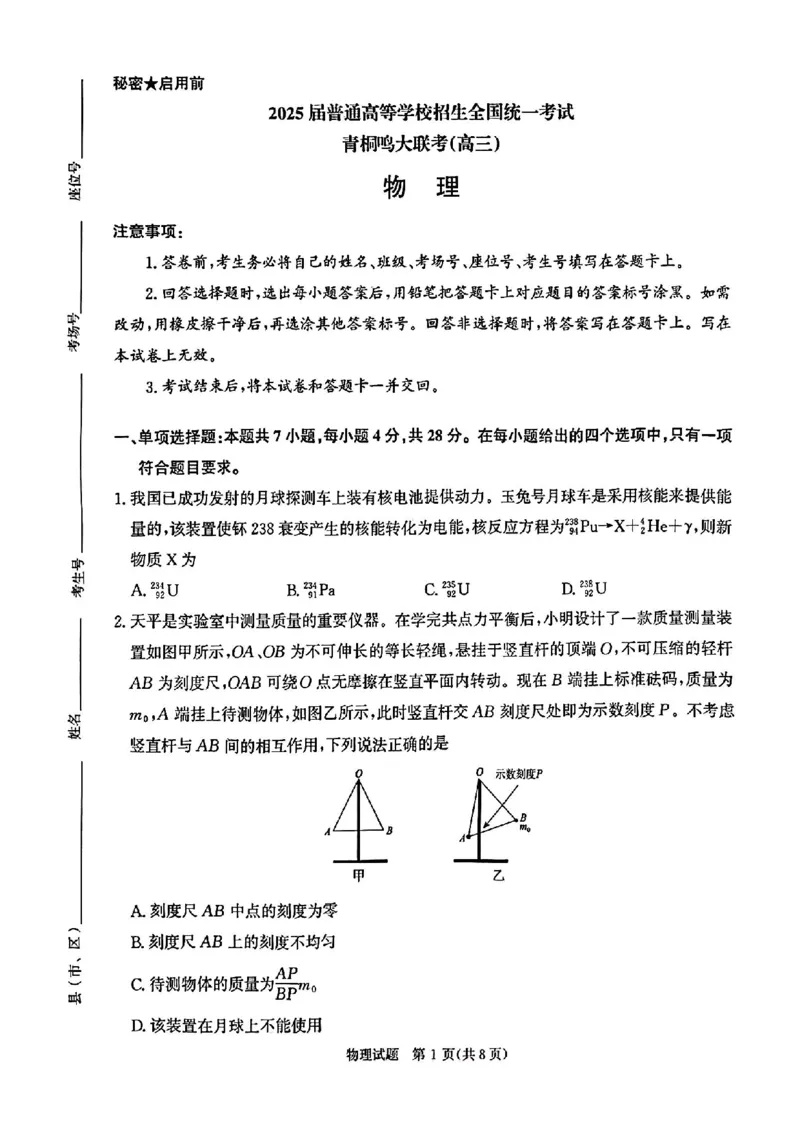 物理_2025年2月_250217河南省青桐鸣2025届高三2月联考（全科）_2025河南青桐鸣高三2月联考物理