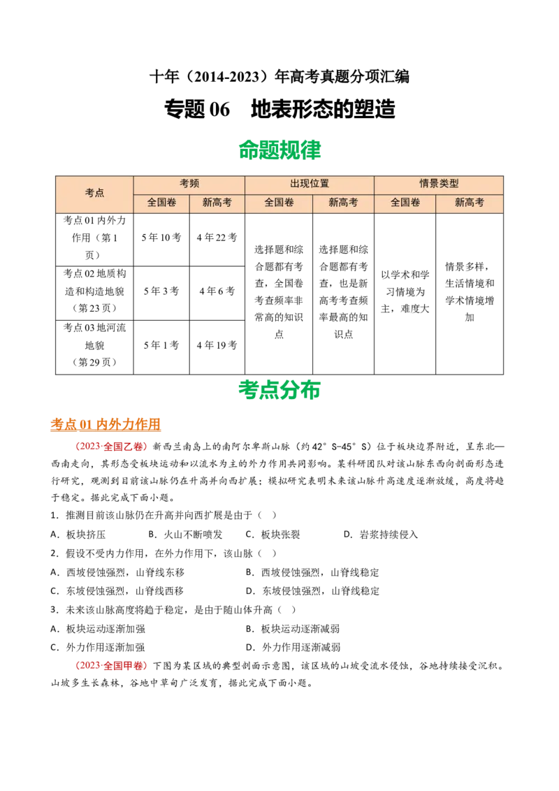 专题06地表形态的塑造-十年（2014-2023）高考地理真题分项汇编（学生卷）_近10年高考真题汇编（必刷）_十年（2014-2024）高考地理真题分项汇编（全国通用）