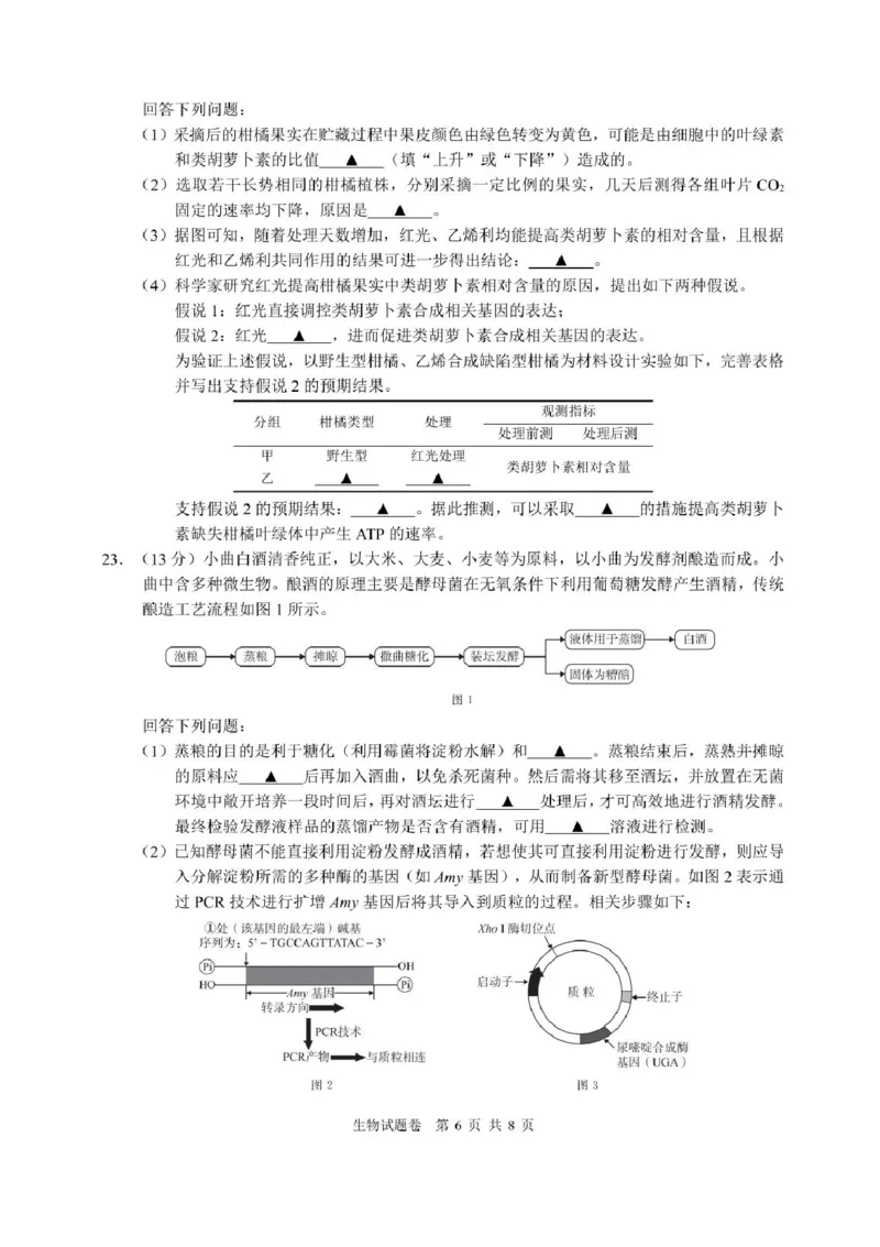 浙江名校协作体2025届高三2月联考生物试题+答案_2025年2月_250207浙江省名校协作体2024-2025学年高三下学期开学适应性考试
