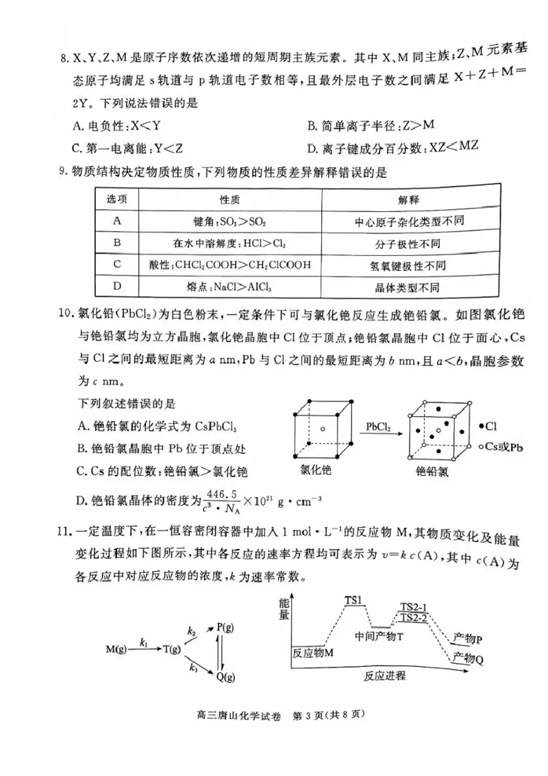 河北省唐山市2024-2025学年高三上学期1月期末考试化学试题（无答案）_2025年1月_250110河北省唐山市2024-2025学年高三上学期1月期末考试（全科）