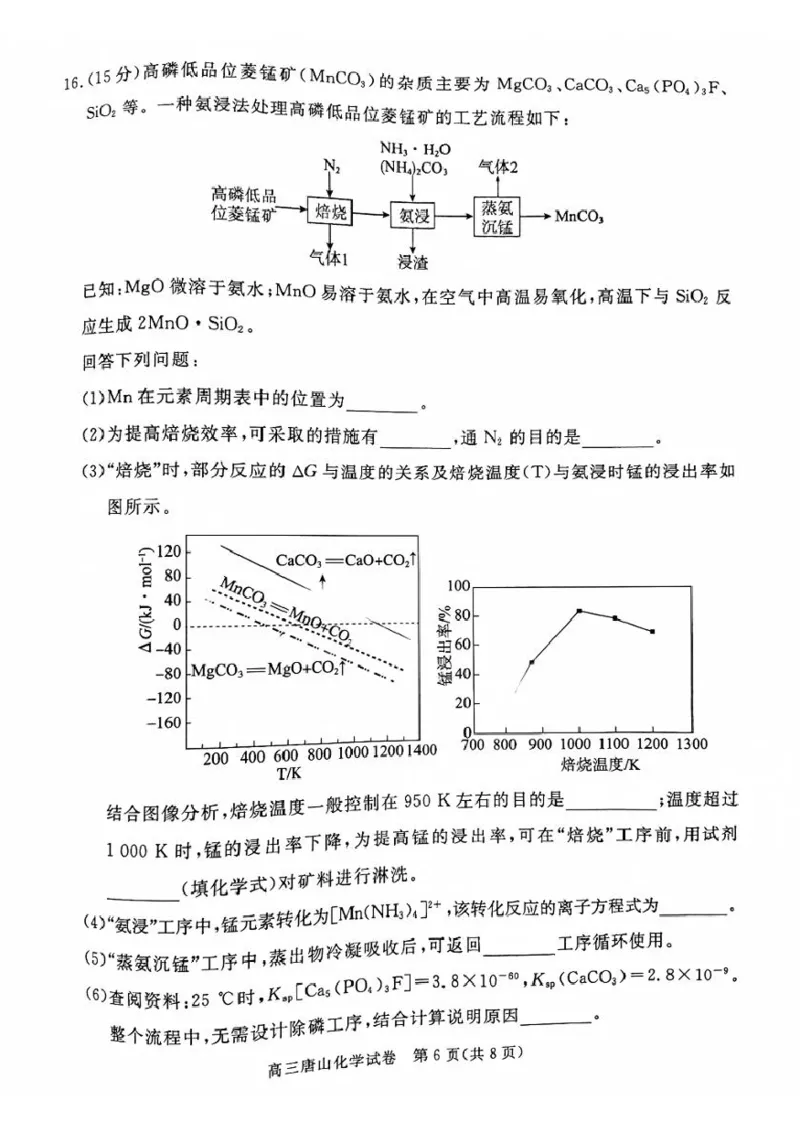 河北省唐山市2024-2025学年高三上学期1月期末考试化学试题（无答案）_2025年1月_250110河北省唐山市2024-2025学年高三上学期1月期末考试（全科）