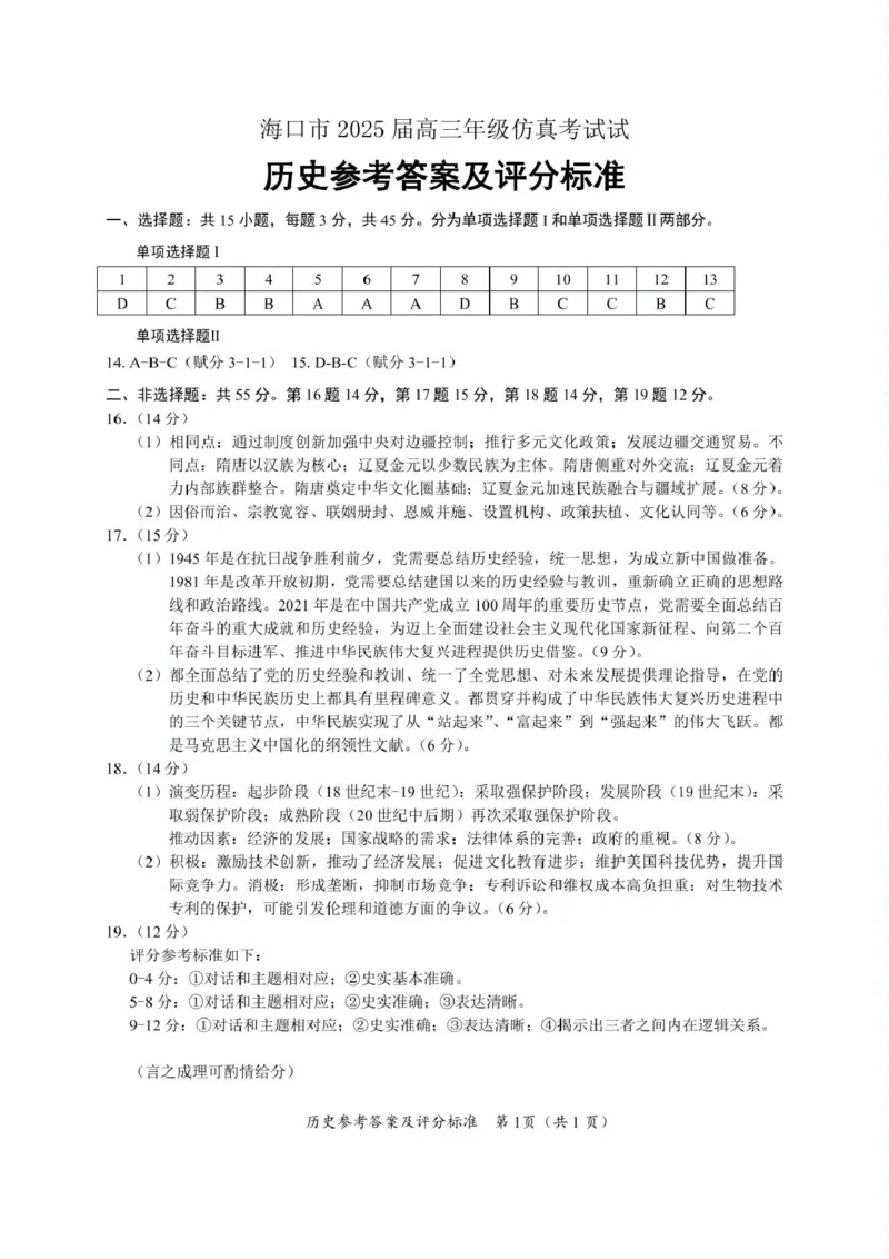 海口市2025届高考仿真考试历史参考答案_2025年4月_250417海南省海口市2025届高三年级4月仿真考试（全科）_海南省海口市2025届高三下学期仿真考试历史