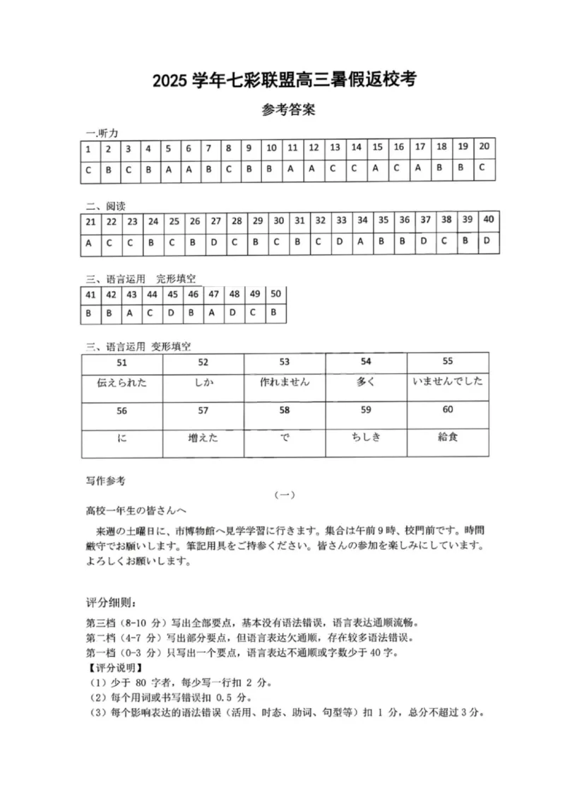 日语答案｜26届七彩阳光高三返校考_2025年8月_250830浙江省七彩阳光新高考研究联盟2026届高三上学期返校联考（全科）