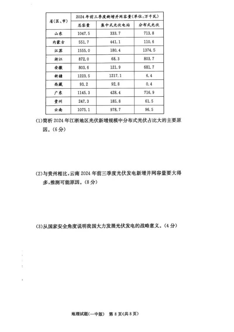 湖南省长沙市第一中学2024-2025学年高三上学期月考（五）地理试卷+答案_2025年1月_250126湖南省长沙市第一中学2024-2025学年高三上学期月考（五）