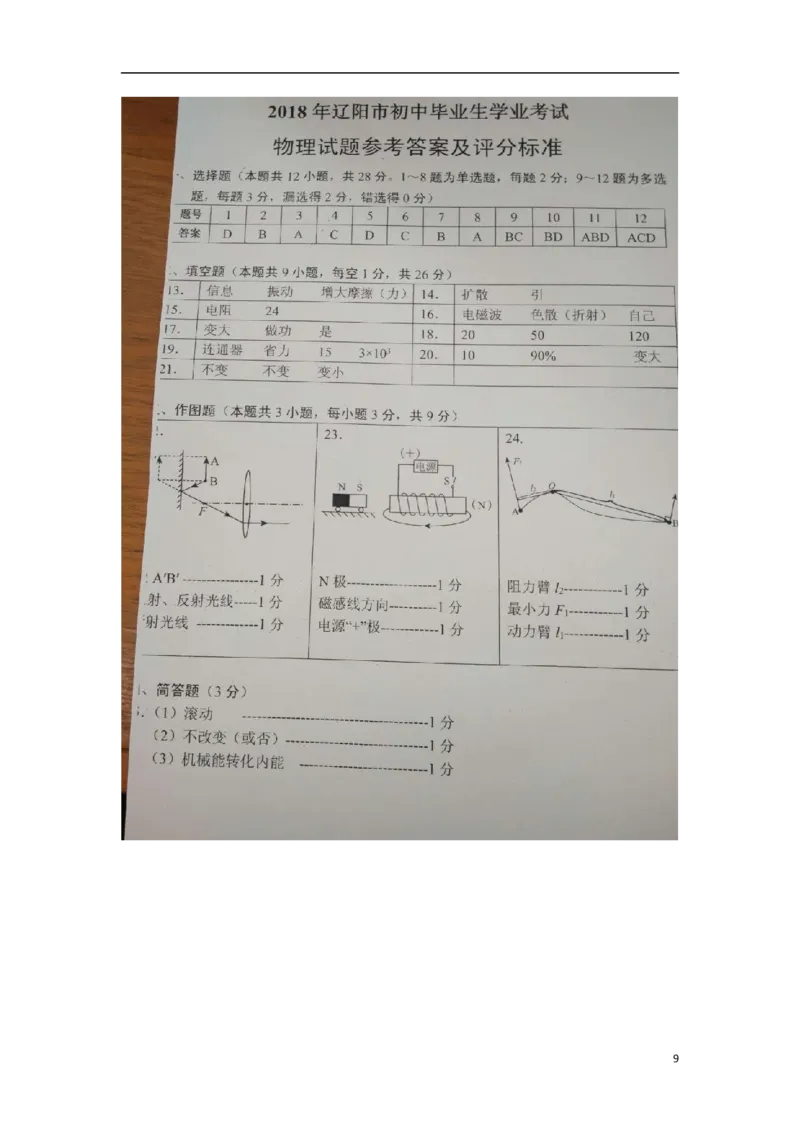 辽宁省辽阳市2018年中考物理真题试题（扫描版，含答案）_中考真题_4.物理中考真题2015-2024年_2018年中考物理真题223份