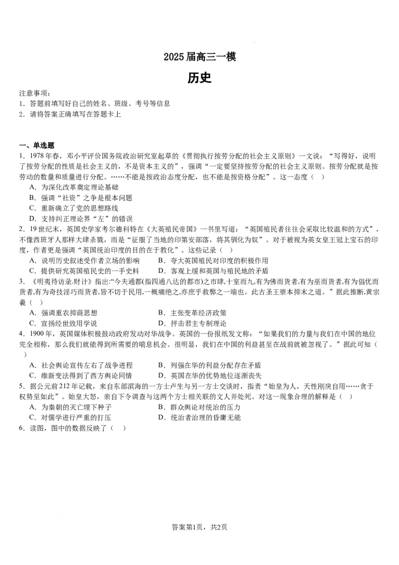湖南省长沙市望城区第一中学2025届高三一模试题历史_2025年3月_250322湖南省长沙市望城区第一中学2025届高三一模试题