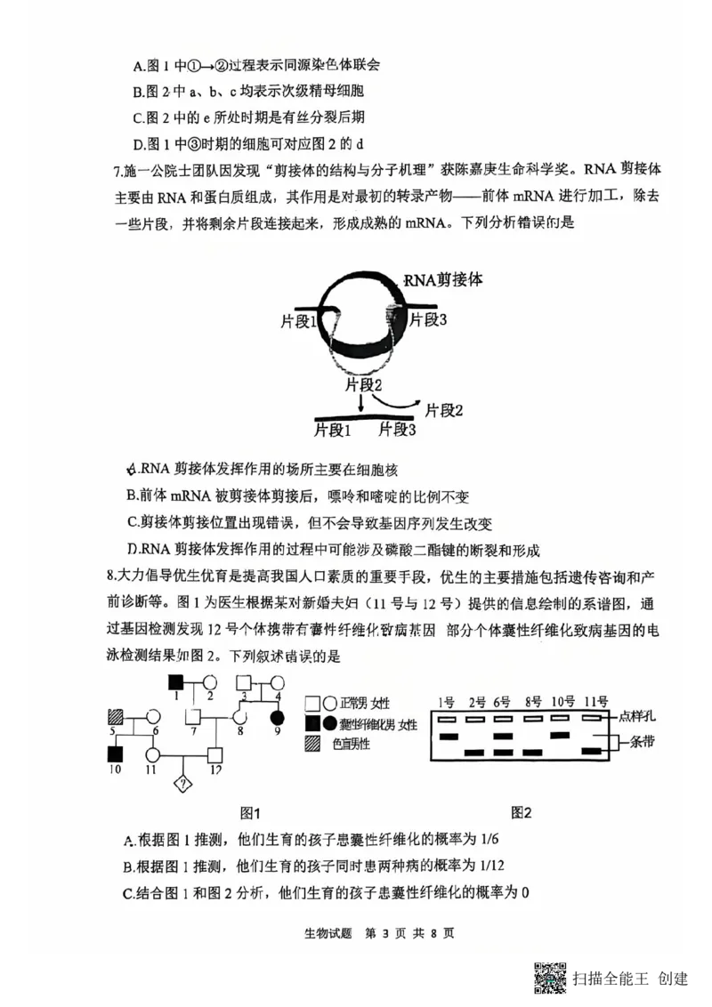 陕西省渭南市2025届高三上学期教学质量检测（Ⅰ）生物+答案_2025年1月_250118陕西省渭南市2025届高三上学期教学质量检测（Ⅰ）