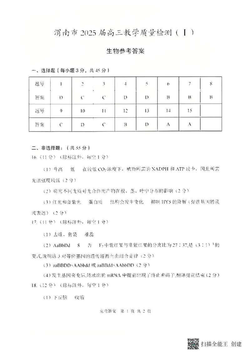 陕西省渭南市2025届高三上学期教学质量检测（Ⅰ）生物+答案_2025年1月_250118陕西省渭南市2025届高三上学期教学质量检测（Ⅰ）