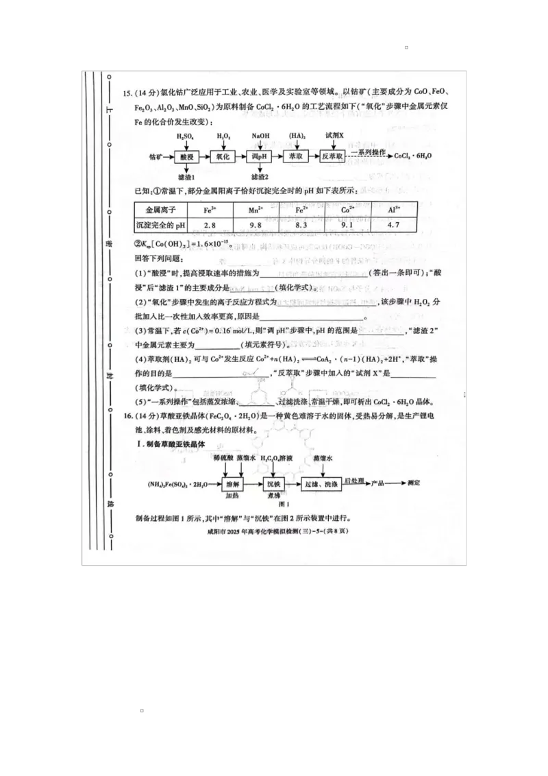 咸阳市2025届高考第三次模拟检测化学试题咸阳市2025届高考第三次模拟检测化学试题_2025年5月_0501陕西省咸阳市2025年高考模拟检测（三）（咸阳三模）（全科）