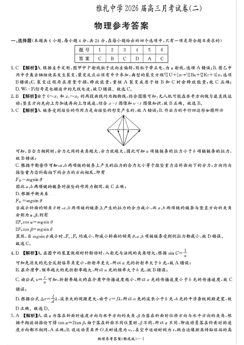 湖南省长沙市雅礼中学2025-2026学年高三上学期月考（二）物理（含答案）_2025年9月_250922湖南省长沙市雅礼中学2025-2026学年高三上学期月考（二）